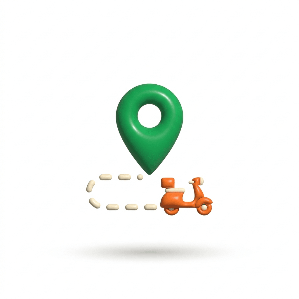 A map pin with a dotted route and a delivery scooter