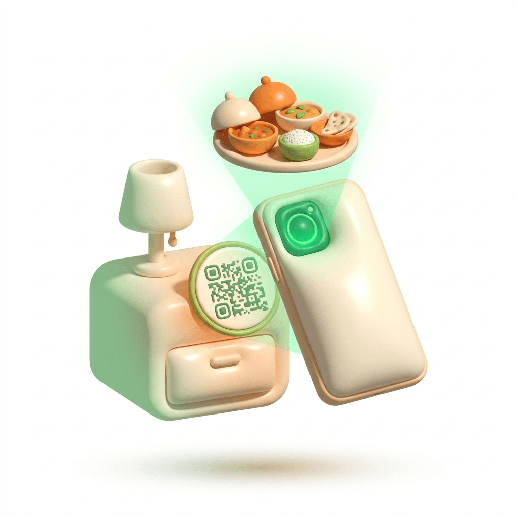 A phone scanning a QR code on a bedside table, with a tray of food appearing