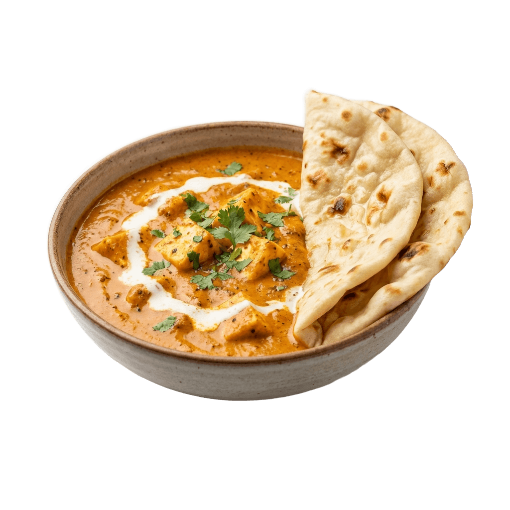 A bowl of paneer butter masala with naan